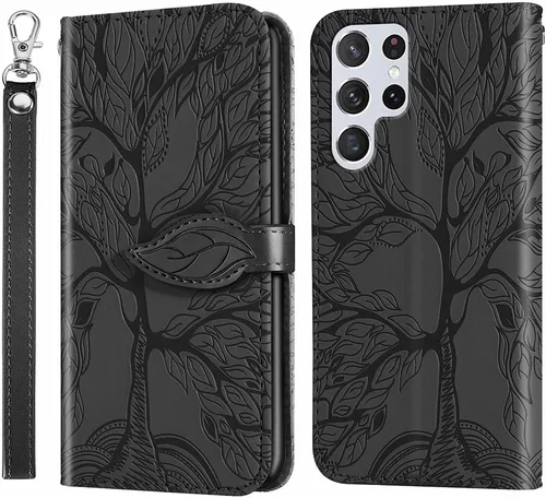 Funda tipo cartera para Samsung Galaxy S22 Ultra 5G, piel sintética de alta calidad con diseño de árbol en relieve [atril] [ranuras para tarjetas]