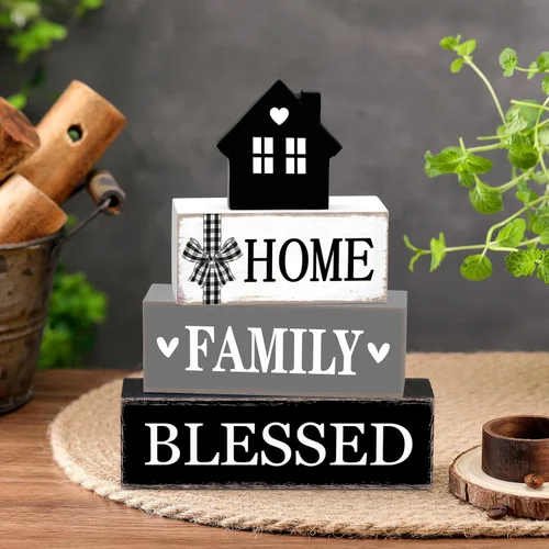 Miniatura 5 de Cinnvoice Decoración rústica de mesa de granja, letreros de bendición para decoración del hogar, letrero de madera neutral para la familia, centro
