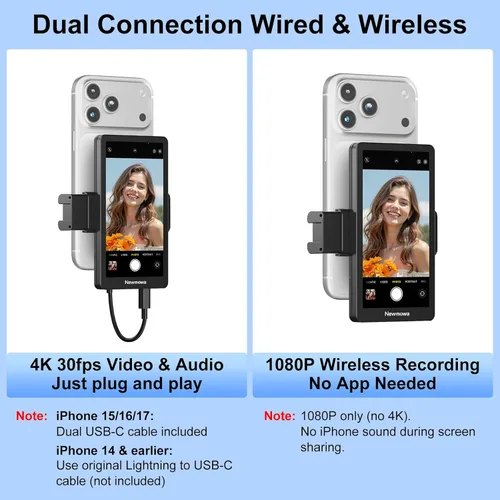 Miniatura 2 de Newmowa - Pantalla de monitor para selfie para teléfono, 4K 30 fps con cable y grabación inalámbrica de 1080P, clip magnético para cámara trasera