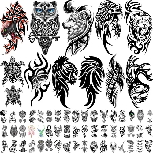 Miniatura 8 de 77 hojas de tatuajes temporales para hombres y mujeres, 17 hojas de tatuajes falsos de medio brazo, pecho y hombro, 60 hojas de tatuajes negros
