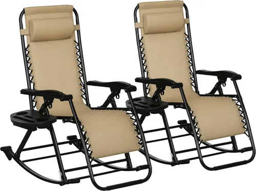 Miniatura 11 de Outsunny Mecedoras para exteriores, plegables, reclinables, de gravedad cero, mecedora de descanso con almohada, portavasos y soporte para teléfono