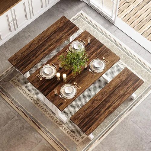 Miniatura 3 de LITTLE TREE Juego de mesa de comedor para 4 personas con 2 bancos, mesa de cocina moderna con tablero de MDF, comedor que ahorra espacio