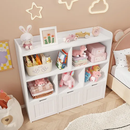 Miniatura 4 de Gizoon Organizador de almacenamiento de juguetes con 3 cajones móviles y 6 estantes abiertos, estantería para niños con barrera de prevención