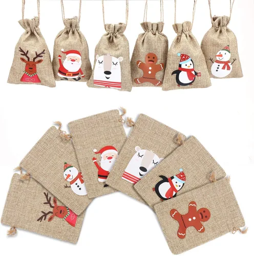 Miniatura 3 de LOKIPA Bolsas de arpillera de yute de Navidad, yute de Navidad, arpillera de lino con cordón de regalo, bolsa de dulces para regalos de Navidad (36)