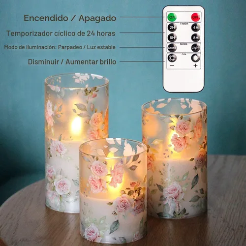 Miniatura 7 de Velas sin llama con tema de amor en forma de rosa, operadas por batería, de vidrio, parpadean, LED, con control remoto, con calcomanía de flores
