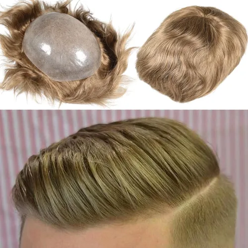 Miniatura 27 de Voloria Toupee para hombre ultra fina piel PU hombres postizo europeo virgen cabello humano reemplazo piezas 10x8inch 7 color marrón claro