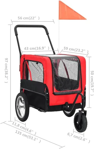 Miniatura 9 de Remolque de bicicleta para mascotas 2 en 1 y cochecito para perros pequeños, diseño rojo/negro con ruedas giratorias 360, tela Oxford duradera, base