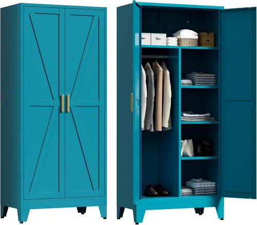 Miniatura 10 de LCAOPC Armario de metal de 71 pulgadas de alto con estantes ajustables y barra para colgar, 2 puertas, armario independiente para dormitorio, Negro