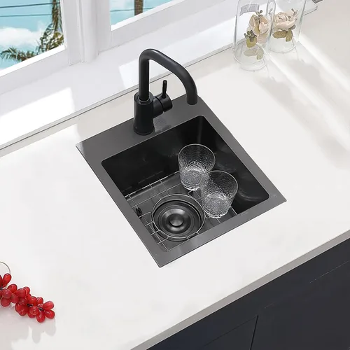 Miniatura 3 de Fregadero de barra negro gunmetal de 13x15 pulgadas, fregadero de cocina pequeño de montaje superior para RV, fregadero de barra húmeda hecho a mano