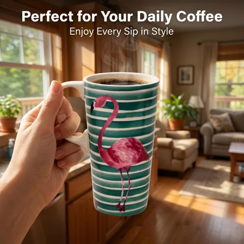 Miniatura 4 de Topadorn Taza de viaje de cerámica de 17 onzas con tapa, taza de café flamenco, a prueba de derrames, apta para microondas y lavavajillas, diseño