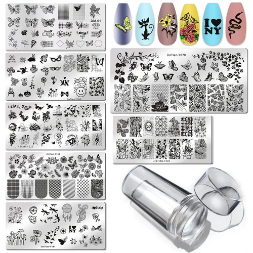 LoveOurHome Kit de placa de estampado de uñas, diseño de flores, mariposa, encaje, animales, plantilla, plantilla, sellos, placa, silicona,