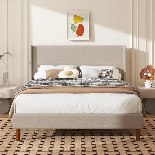 Miniatura 10 de Base de cama de tamaño matrimonial, plataforma tapizada de lino con cabecera con respaldo de ala, soporte de listones de madera, no necesita somier