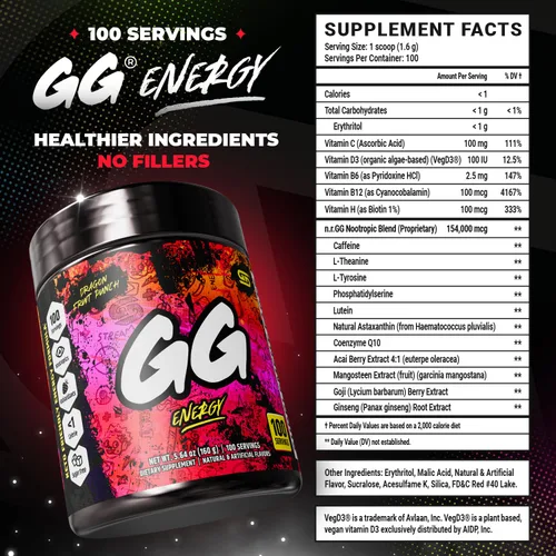 Miniatura 2 de Gamer Supps GG® Energy - Ponche de Pitahaya (100 Porciones) - Energía de Juego Amigable con Keto y Mezcla Nootrópica, Sin Azúcar + Cafeína Orgánica