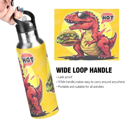 Miniatura 4 de Insulated Stainless Steel Water Bottle with Straw 32 Oz, Leakproof Water Bottles for Gym Outdoor Travel School, Red Dinosaur Hamburger Yellow