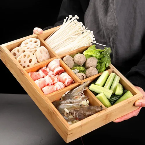 Miniatura 5 de Cabilock Plato de bambú para ollas calientes con 6 compartimentos, bandeja dividida para verduras, frutas, servir cocina, comedor, 12.00 x 8.26 x