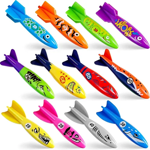 Miniatura 6 de Vellibring 8 piezas de juguetes de natación de buceo en la piscina, coloridos juguetes de entrenamiento subacuático hundimiento lanzando anillos