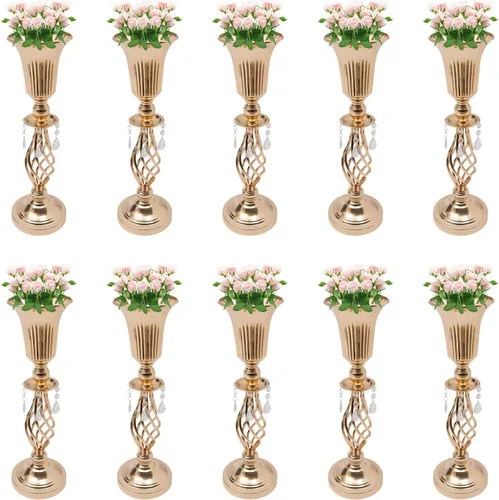 Miniatura 12 de Juego de 10 portavelas de metal dorado de 10.2 pulgadas de alto, florero, arreglo floral, candelabro, candelabro, portavelas para bodas, fiestas