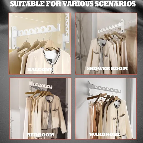 Miniatura 4 de Dr.DJ Soporte para colgar abrigos de pared, organizador de secado de ropa blanca, ganchos de aluminio, retráctiles, plegables, para interiores