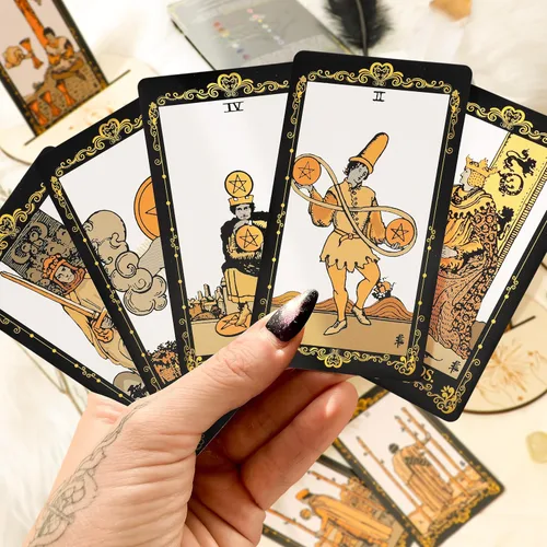 Miniatura 2 de SUGEYA Cartas de Tarot con Libro Guía, Juego de 78 Cartas de Tarot Negras con Mantel, Piedras de Chakra, Bolsa de Terciopelo y Más, Kit de Cartas