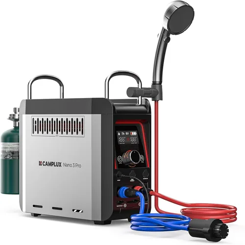 Miniatura 10 de CAMPLUX Nano 3 Calentador de agua portátil de propano con kit de bomba, diseño compacto y ligero, cables de bomba de conexión rápida y mangueras