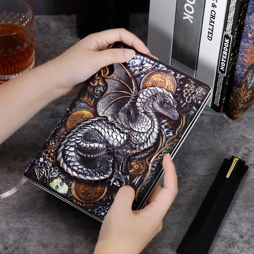 Miniatura 5 de FEIDIAO Cuaderno vintage de cuero en relieve Flying Dragon DND, diario de viaje A5 diario con bolígrafo y funda para bolígrafo, diario de piel