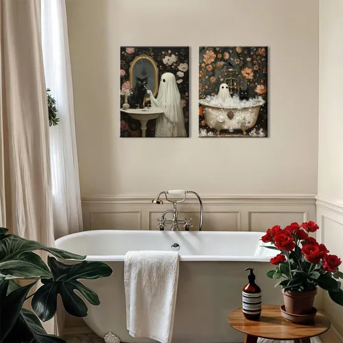 Miniatura 6 de Juego de 3 arte de pared de fantasmas de Halloween para baño, divertido gótico, decoración de pared de academia oscura, fantasma de terror y gato