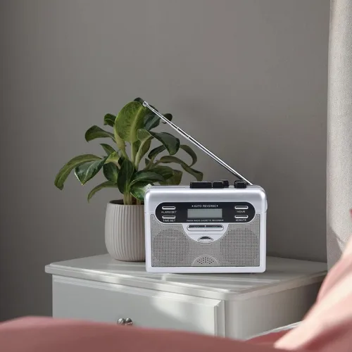 Miniatura 6 de Reproductor de casete retro con reversa automática, reproductor de cinta de radio AM/FM portátil, temporizador de reloj digital, altavoz estéreo