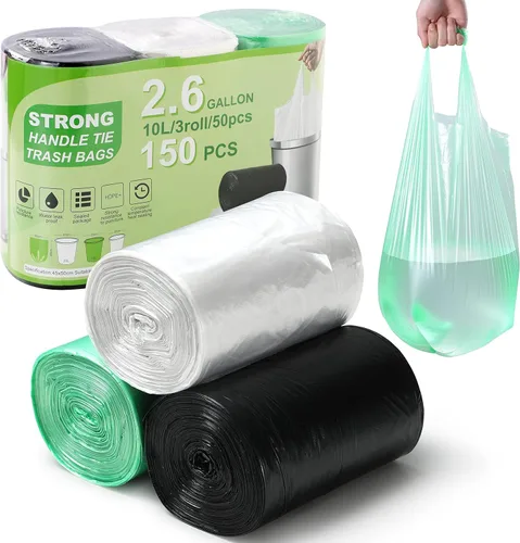 Bolsa de basura de 2.6 galones, 150 unidades, bolsas de basura sin perfume con asa fuerte, se adaptan a cubos de basura de 10 litros, tres colores