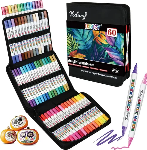 Juego de marcadores de pintura acrílica de doble punta de 60 colores, contiene 16 bolígrafos de pintura acrílica de punta fina metálica y punta de