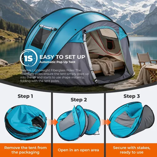 Miniatura 9 de Tienda de campaña desplegable fácil para 4 personas, instalación automática impermeable, 2 puertas, tienda de campaña familiar instantánea