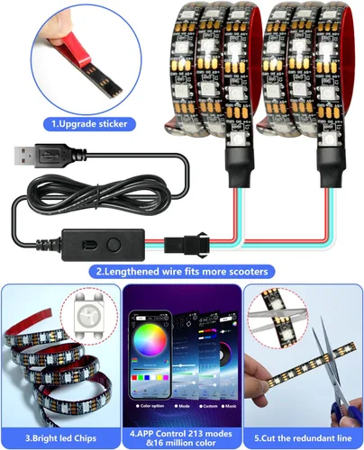 Miniatura 4 de Keiurot Tiras de luz LED para scooter para montar por la noche, 5 V, luces de monopatín de alto brillo, control por aplicación, RGBIC, impermeable
