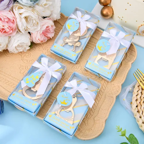 Miniatura 5 de Abrebotellas de bebé, 24 piezas, llavero con huella de oso y niño, abrebotellas con caja de regalo azul, recuerdos de fiesta de baby shower