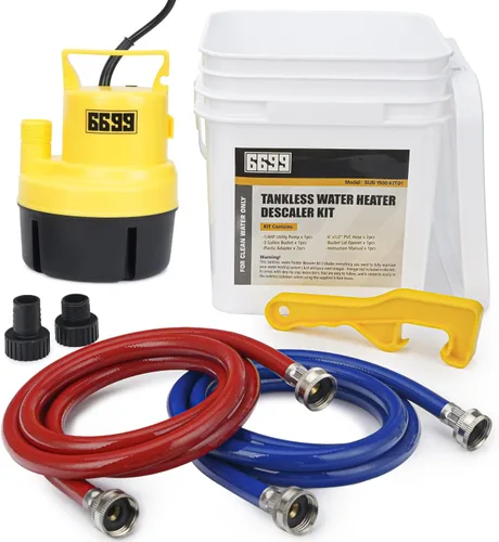El kit de descarga del calentador de agua sin tanque incluye bomba de sumidero sumergible de 1/4 HP con dos adaptadores y cubo de 3 galones con