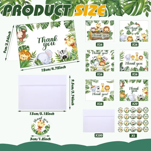 Miniatura 2 de Yeaqee 100 tarjetas de agradecimiento de la selva de safari con sobres, calcomanías de animales del bosque, tarjetas de felicitación de vegetación