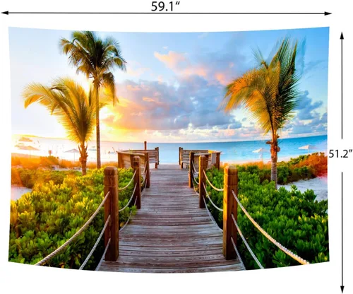 Miniatura 6 de Delur Tapiz de playa y puesta de sol tropical, palmera, costero, tapiz para colgar en la pared, paisaje natural, cabecero psicodélico escénico