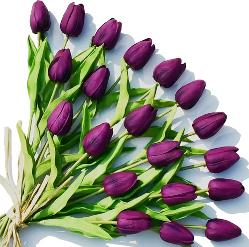 Miniatura 25 de ONLY ART Tulipanes negros artificiales, 20 unidades, flores sintéticas de poliuretano de 13.5 pulgadas con tallos flexibles para decoración