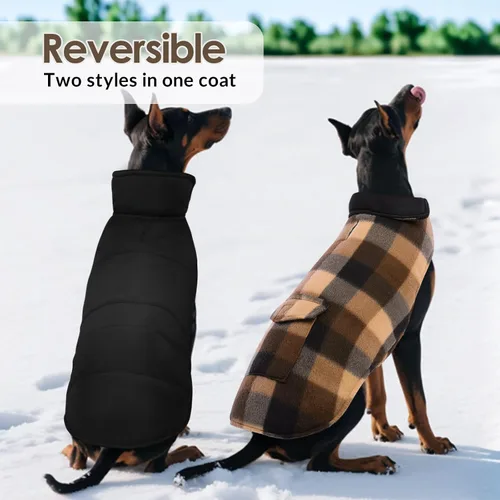 Miniatura 5 de ASENKU Chaqueta de invierno para perro, chaleco reversible a cuadros, abrigo impermeable para clima frío, perfecto para perros pequeños a grandes