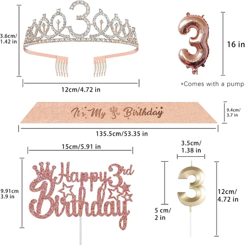 Miniatura 4 de Decoraciones de cumpleaños de 3 para ella – 5 regalos que incluyen corona de tercera tiara, banda, decoración de pasteles, globos, velas