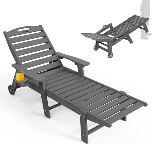 Miniatura 15 de Ciokea Silla de Descanso para Exteriores, Tumbona de Gran Tamaño con 5 Posiciones, HDPE, Silla de Descanso de Patio con Ruedas y Portavasos para Gris