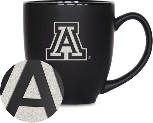 Miniatura 255 de Rico Industries - Taza de cerámica mate negra con grabado láser estándar de 15oz para NCAA (escuelas T & U) - Para bebidas calientes o frías