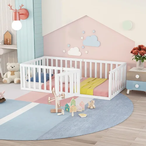 Miniatura 16 de MERITLINE Base de cama de tamaño individual para niños, cama de madera para niños con valla, cama Montessori con puerta, para niños mayores de 6