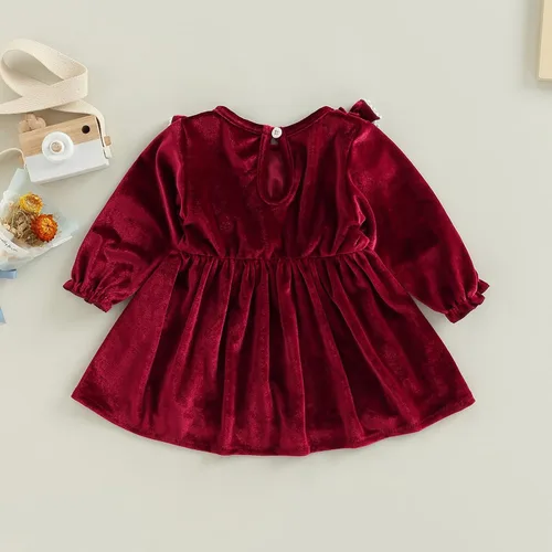 Miniatura 7 de Trajes de Navidad para niñas pequeñas, vestido de manga larga, falda vintage de encaje de una pieza, vestido de fiesta de terciopelo rojo, vestido