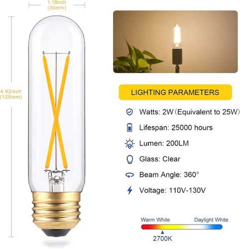 Miniatura 3 de Bombillas LED tubulares regulables de 2 W, blanco cálido de 2700 K, bombilla de filamento estilo Edison, bombilla vintage T10 equivalente a 25 W