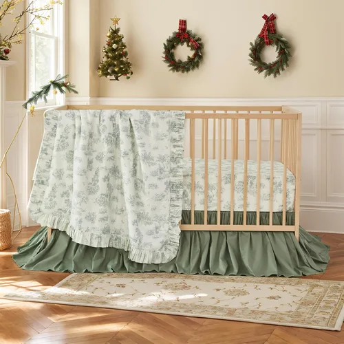 Miniatura 8 de Brandream Juego de ropa de cama de cuna para niñas, juego de guardería floral de jardín de 3 piezas edredón de bebé con volantes, sábana de cuna