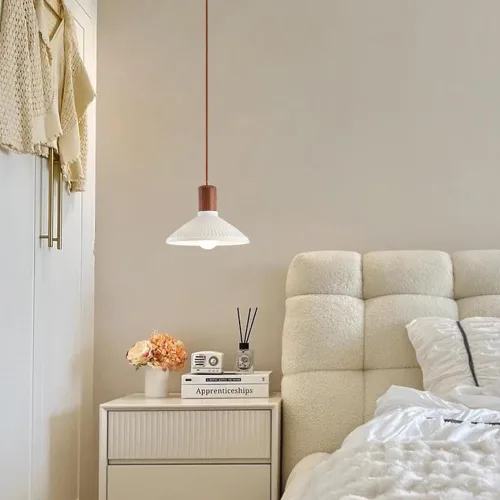 Miniatura 2 de White Ceramic Lampshade Pendant Light Height Adjustable Hanging Light Fixture Modern Vintage Wood Pendant Lamp for Kitchen Island Dining Room