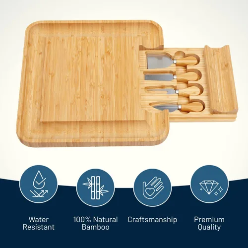 Miniatura 2 de RoyalHouse Juego de tabla de queso de bambú y cuchillos con cajón deslizante para cubiertos, juego de tablas de charcutería y plato de queso