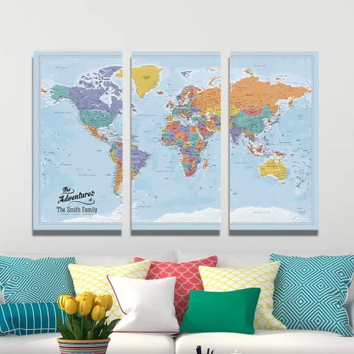 Miniatura 41 de 3 paneles - Mapa de viaje colorido del mundo con alfileres en lienzo envuelto en galería, mapa de pared grande