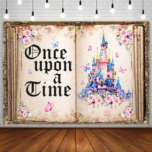 AIBIIN Fondo de 7 x 5 pies Once Upon a Time para libros de cuentos de hadas, castillo, rosa, floral, princesa, historia romántica, libro de apertura