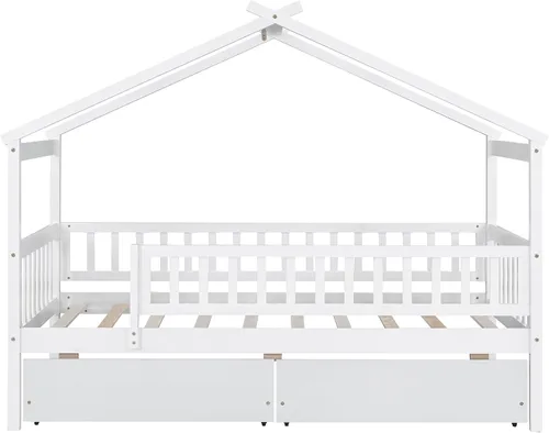 Miniatura 4 de Cama de madera de tamaño individual con dos cajones y techo, cama de plataforma con 2 cabeceros, para dormitorio de niños, adolescentes, niñas