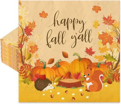 Whaline Paquete de 80 servilletas de papel de otoño coloridas de calabaza con hojas de otoño para almuerzo, servilletas desechables de postre para